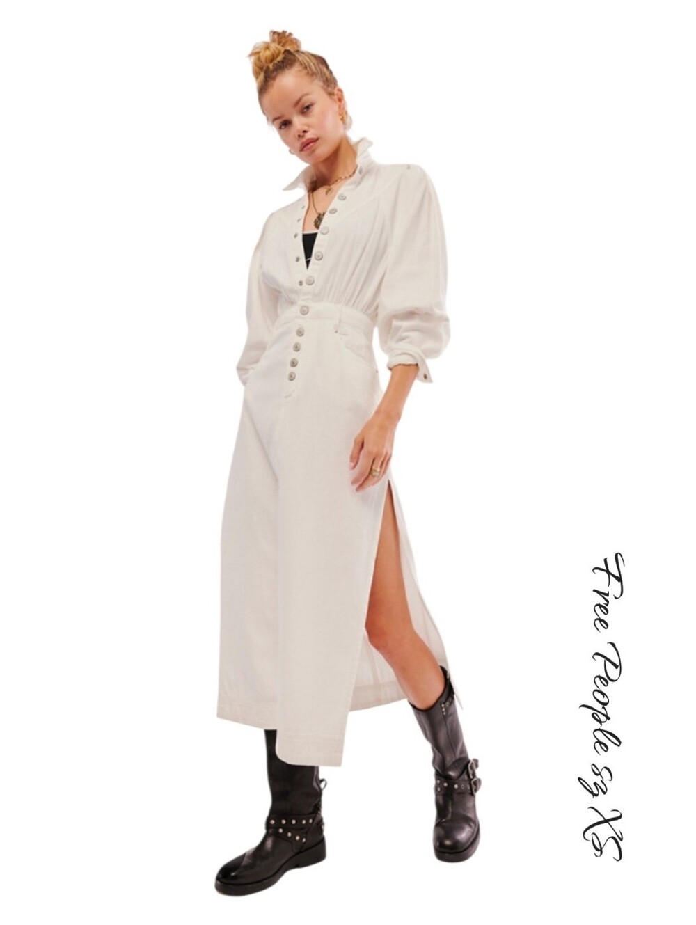 NWT Free People Mad Love Denim Midi Dress Off White Cotton Long Sleeve XS NWT
